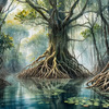 Printable Realistic Mangrove Forest with Submerged Roots in Clear Water