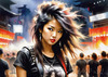 Metalhead Girl Headbanging at Concert - Figurative Portrait Art