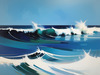 Minimalist Abstract Seascape with Bold Blue and White Ocean Waves