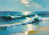 Minimalist Abstract Seascape with Bold Blue and White Ocean Waves