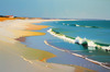Minimalist Seascape with Stark Contrast between Sandy Shore and Ocean Depths