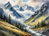 Printable Misty Mountains with Clouds Flowing Art Image