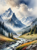 Printable Misty Mountains with Clouds Flowing Art Image