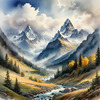 Printable Misty Mountains with Clouds Flowing Art Image
