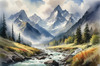 Printable Misty Mountains with Clouds Flowing Art Image