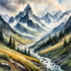 Printable Misty Mountains with Clouds Flowing Art Image