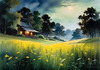 Quiet Meadow Under Moonlight with Fireflies Dance Landscape Print