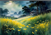 Quiet Meadow Under Moonlight with Fireflies Dance Landscape Print