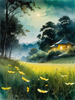 Quiet Meadow Under Moonlight with Fireflies Dance Landscape Print