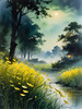 Quiet Meadow Under Moonlight with Fireflies Dance Landscape Print