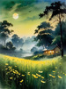 Quiet Meadow Under Moonlight with Fireflies Dance Landscape Print