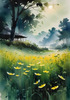 Quiet Meadow Under Moonlight with Fireflies Dance Landscape Print