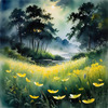 Quiet Meadow Under Moonlight with Fireflies Dance Landscape Print