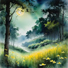 Quiet Meadow Under Moonlight with Fireflies Dance Landscape Print