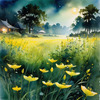 Quiet Meadow Under Moonlight with Fireflies Dance Landscape Print