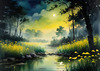 Quiet Meadow Under Moonlight with Fireflies Dance Landscape Print