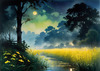 Quiet Meadow Under Moonlight with Fireflies Dance Landscape Print