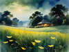 Quiet Meadow Under Moonlight with Fireflies Dance Landscape Print