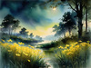 Quiet Meadow Under Moonlight with Fireflies Dance Landscape Print