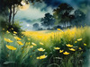 Quiet Meadow Under Moonlight with Fireflies Dance Landscape Print