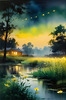 Quiet Meadow Under Moonlight with Fireflies Dance Landscape Print