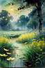 Quiet Meadow Under Moonlight with Fireflies Dance Landscape Print