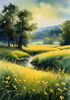 Quiet Meadow Under Moonlight with Fireflies Dance Landscape Print