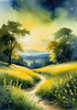 Quiet Meadow Under Moonlight with Fireflies Dance Landscape Print