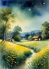Quiet Meadow Under Moonlight with Fireflies Dance Landscape Print