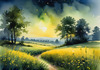 Quiet Meadow Under Moonlight with Fireflies Dance Landscape Print