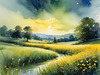 Quiet Meadow Under Moonlight with Fireflies Dance Landscape Print