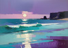 Minimalist Moonlit Ocean Seascape Art with Aqua and Purple Tones