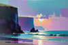 Minimalist Moonlit Ocean Seascape Art with Aqua and Purple Tones
