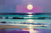 Minimalist Moonlit Ocean Seascape Art with Aqua and Purple Tones