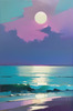Minimalist Moonlit Ocean Seascape Art with Aqua and Purple Tones