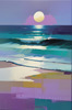 Minimalist Moonlit Ocean Seascape Art with Aqua and Purple Tones