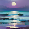 Minimalist Moonlit Ocean Seascape Art with Aqua and Purple Tones