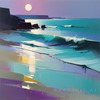Minimalist Moonlit Ocean Seascape Art with Aqua and Purple Tones