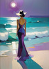 Minimalist Moonlit Ocean Seascape Art with Aqua and Purple Tones