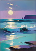Minimalist Moonlit Ocean Seascape Art with Aqua and Purple Tones