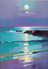 Minimalist Moonlit Ocean Seascape Art with Aqua and Purple Tones