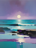 Minimalist Moonlit Ocean Seascape Art with Aqua and Purple Tones