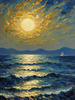 Printable Impressionistic Art of Moonlight on Sea with Distant Islands