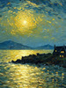 Printable Impressionistic Art of Moonlight on Sea with Distant Islands