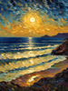Printable Impressionistic Art of Moonlight on Sea with Distant Islands