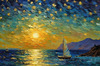 Printable Impressionistic Art of Moonlight on Sea with Distant Islands