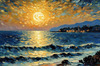 Printable Impressionistic Art of Moonlight on Sea with Distant Islands