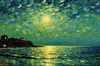 Printable Impressionistic Art of Moonlight on Sea with Distant Islands