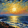 Printable Impressionistic Art of Moonlight on Sea with Distant Islands