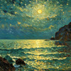 Printable Impressionistic Art of Moonlight on Sea with Distant Islands